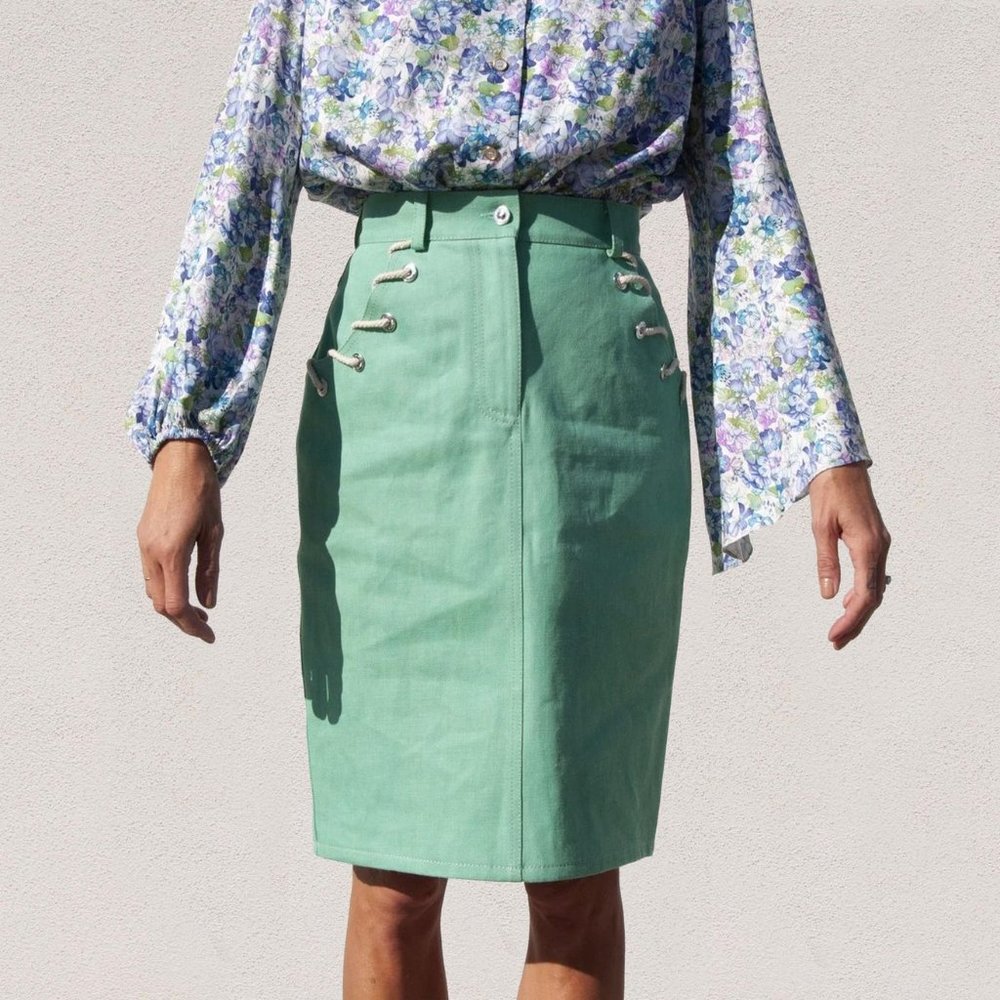 💚 WALK OF SHAME High Waisted Denim Pencil Skirt in Mint Green from Need Supply - Picture 4 of 10